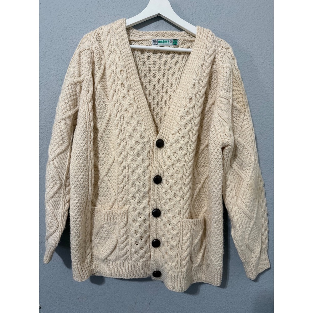 Inisfree Vintage 80s Handknit Irish Wool Aran Cable Knit Cardigan Cream Mens M